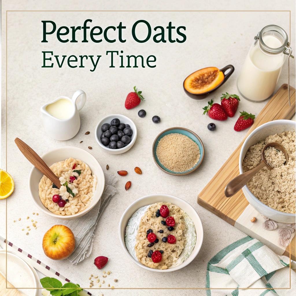 Step-by-step guide showing the process of making perfect oats with ingredients and cooking steps.