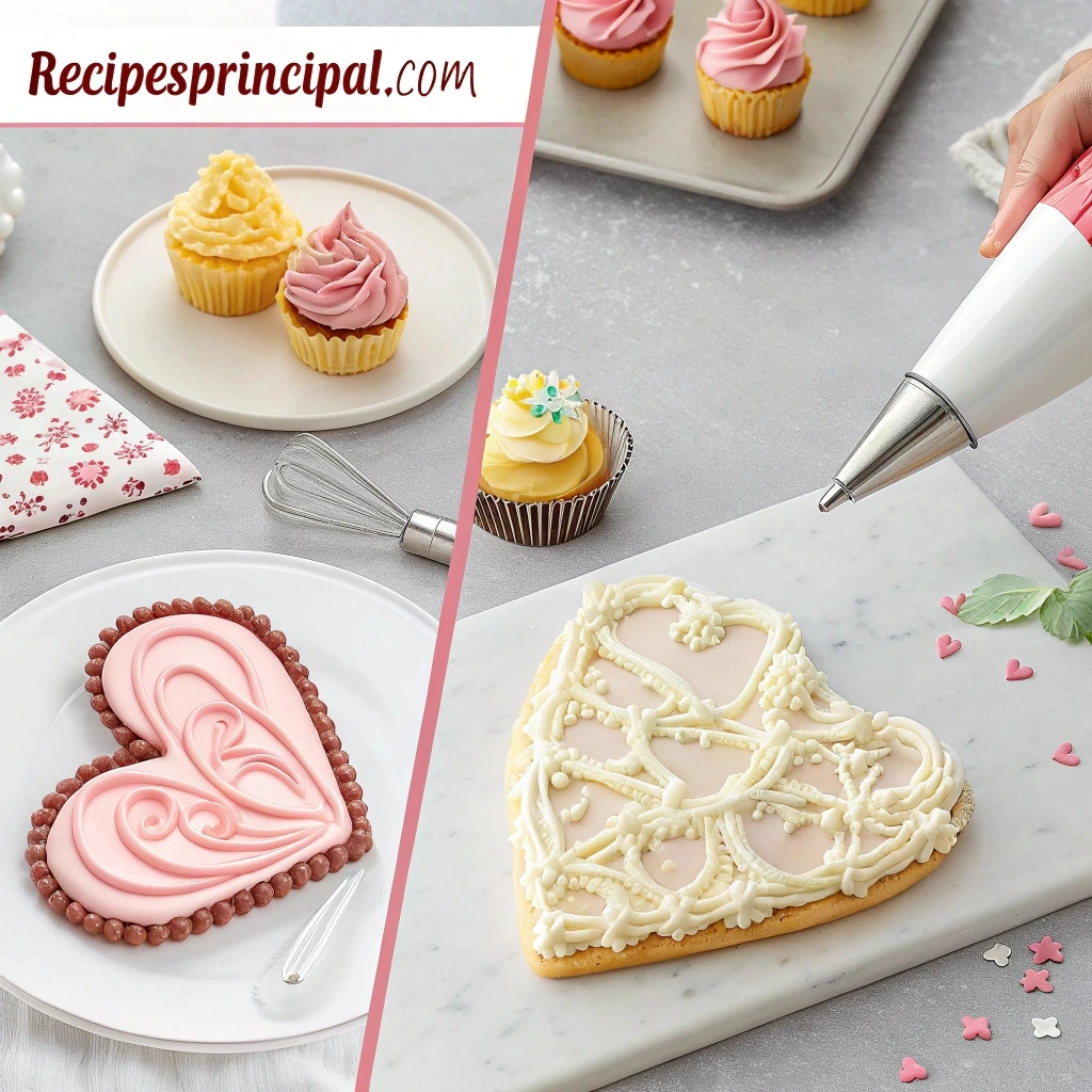 Step-by-step guide showing beginner-friendly techniques for piping a buttercream heart.