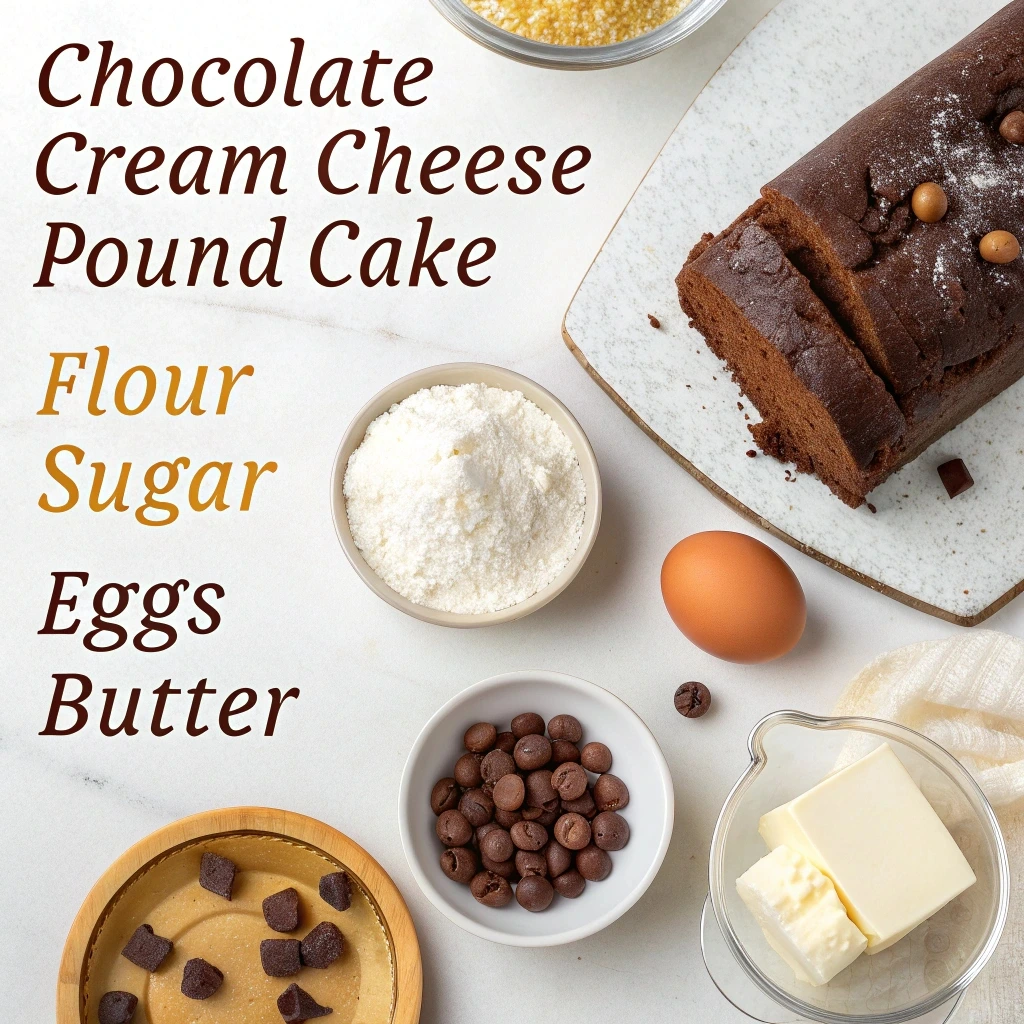 Ingredients for chocolate cream cheese pound cake, including unsalted butter, cocoa powder, eggs, and cream cheese.