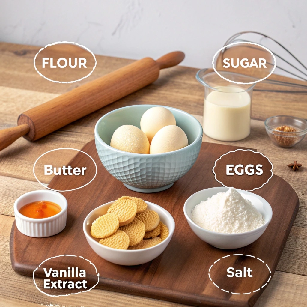 A flat lay of ingredients for wafer cookies, including flour, sugar, butter, eggs, vanilla extract, and milk, arranged on a wooden countertop.