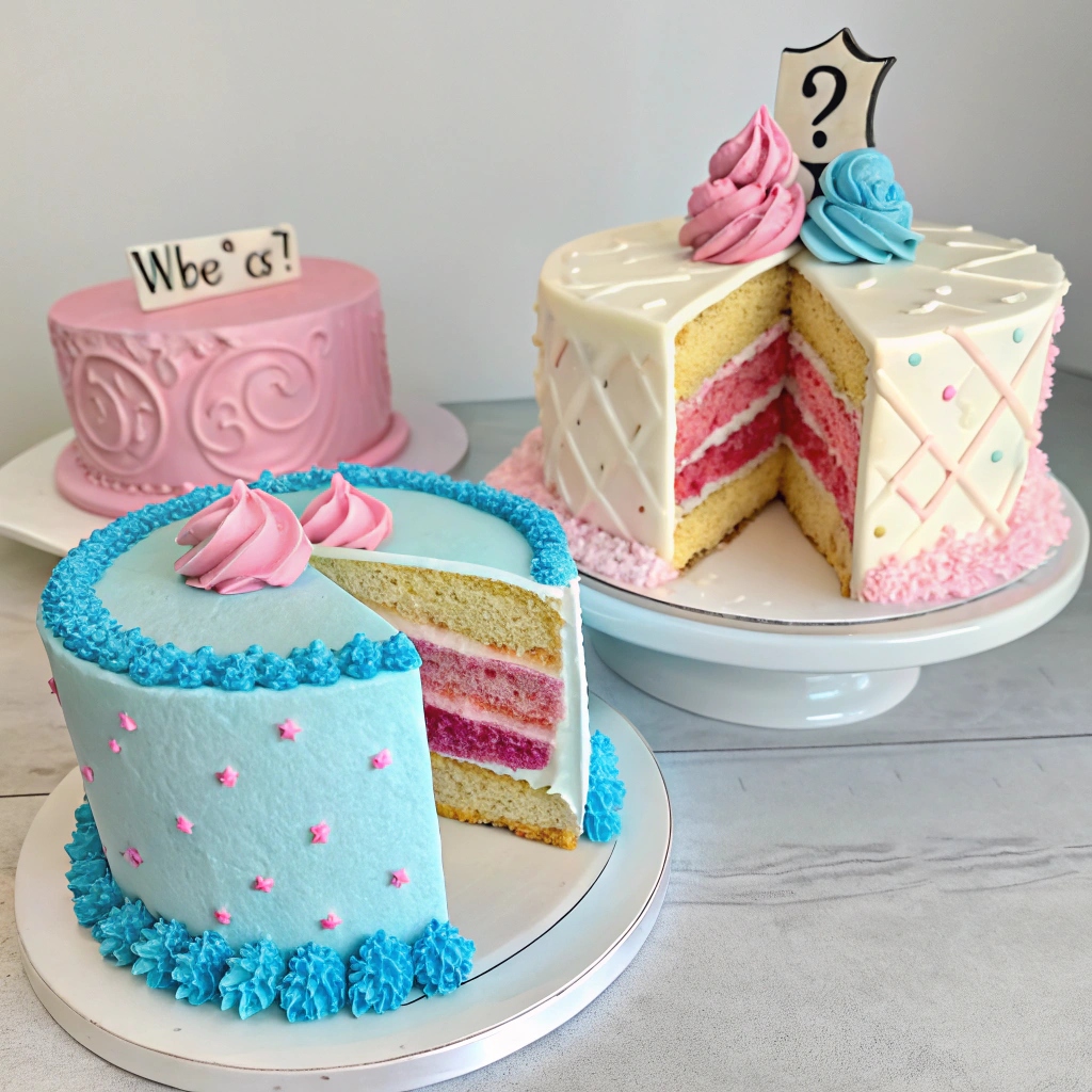 A beautifully designed gender reveal cake with intricate details, featuring a hidden surprise that reveals pink or blue frosting inside.