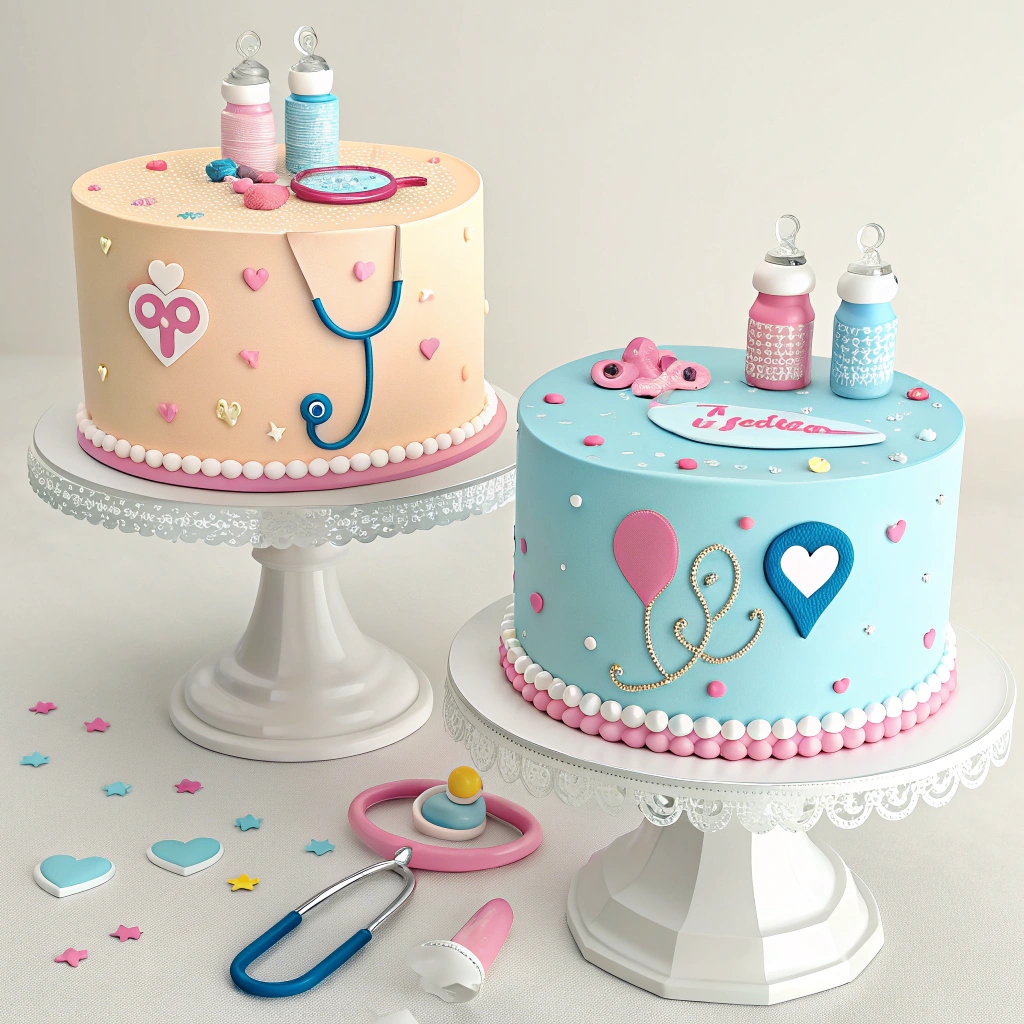 A gender reveal cake with a surprise pink and blue candy filling, topped with baby-themed decorations, and surrounded by colorful balloons.