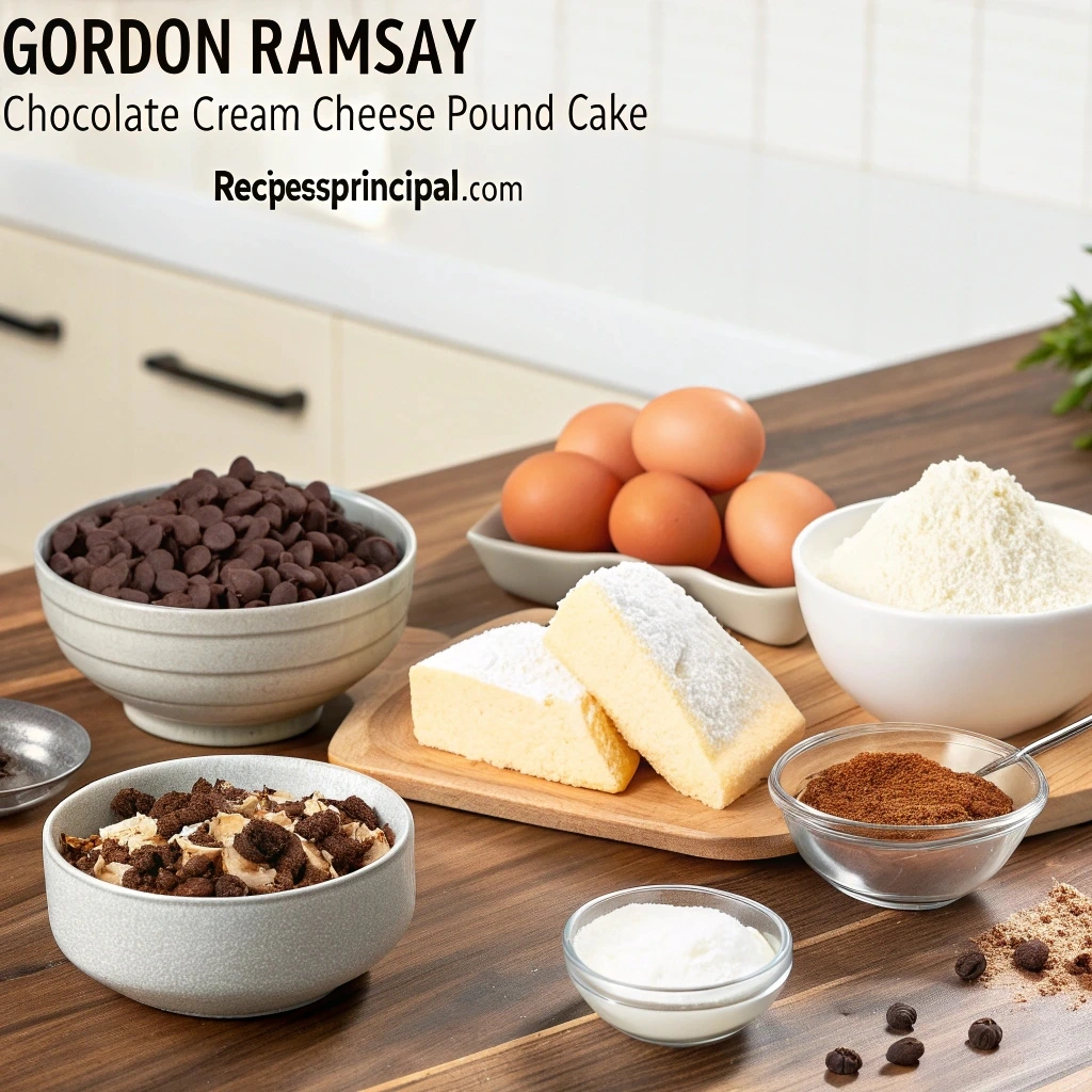  Key ingredients for Gordon Ramsay’s chocolate cream cheese pound cake, including chocolate, cream cheese, butter, and sugar.