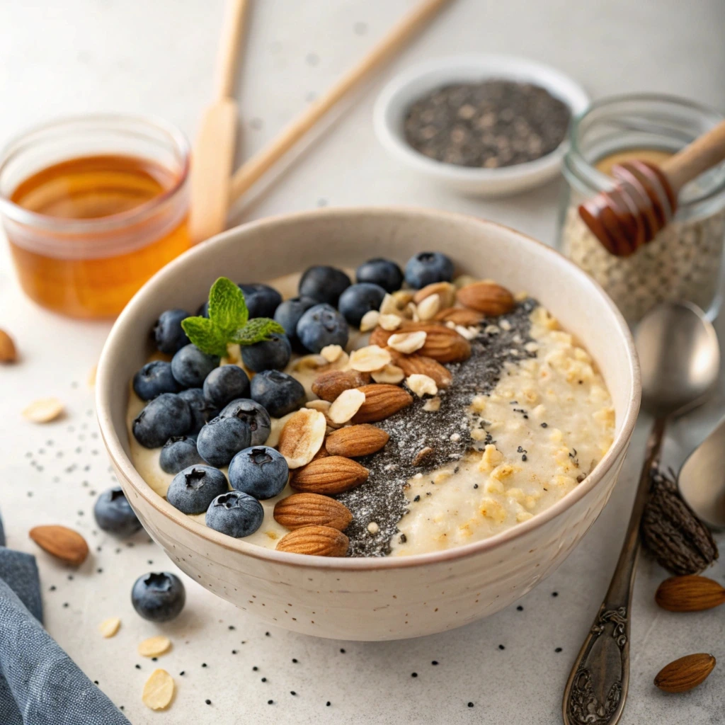 Customizable oatmeal bowl with plant-based milk, berries, and nuts, catering to various dietary preferences.