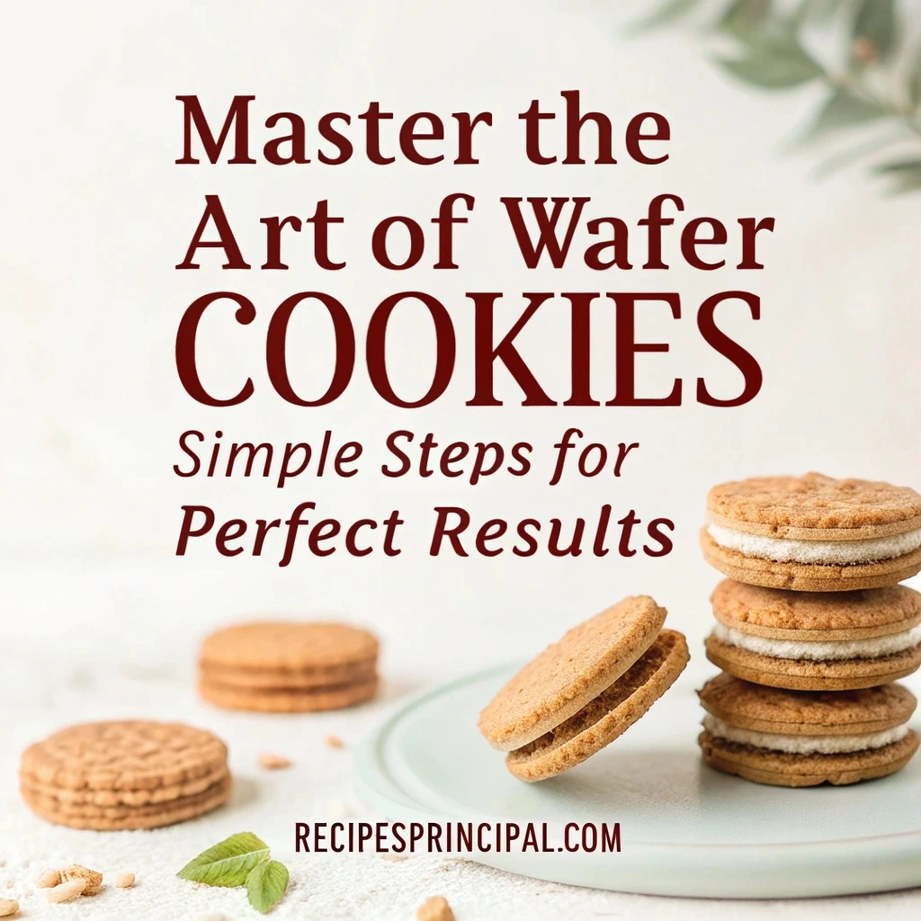 Close-up of golden, crispy wafer cookies stacked neatly on a wooden tray with a bowl of chocolate dip beside them.