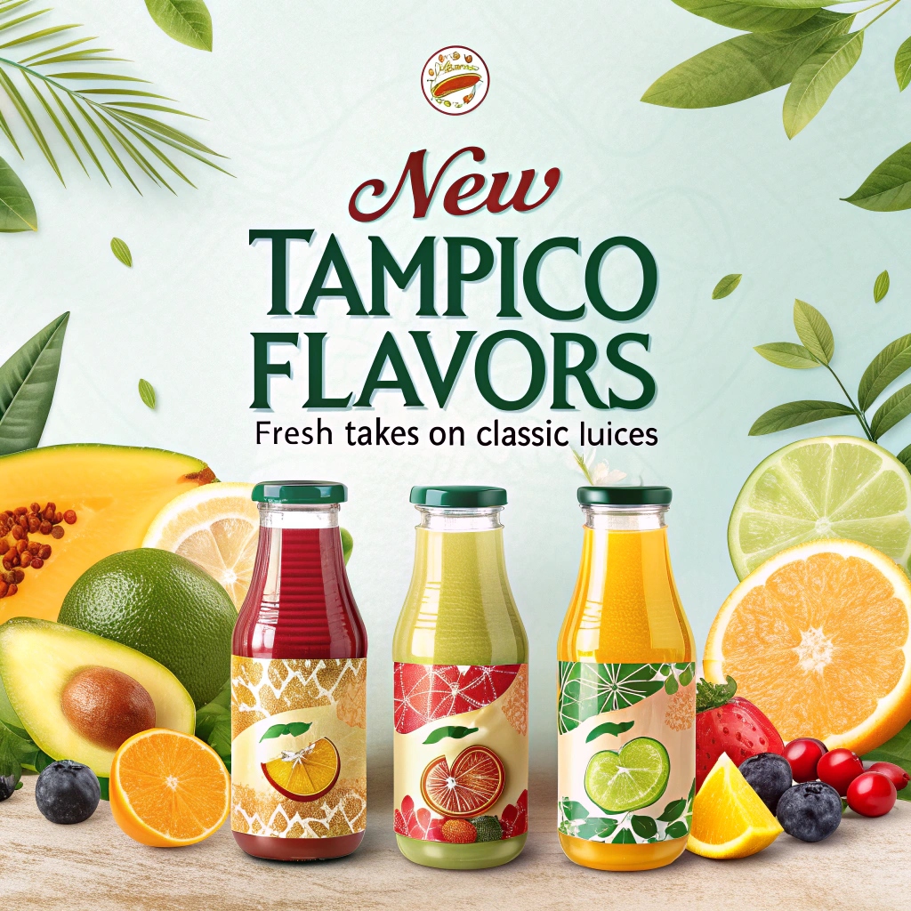 New Tampico Fruit Juice bottles featuring fresh, exciting flavors that offer a modern twist on classic juice options