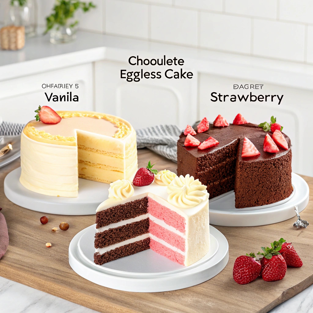 Assorted popular eggless cake flavors, including chocolate, vanilla, and fruit-based options.