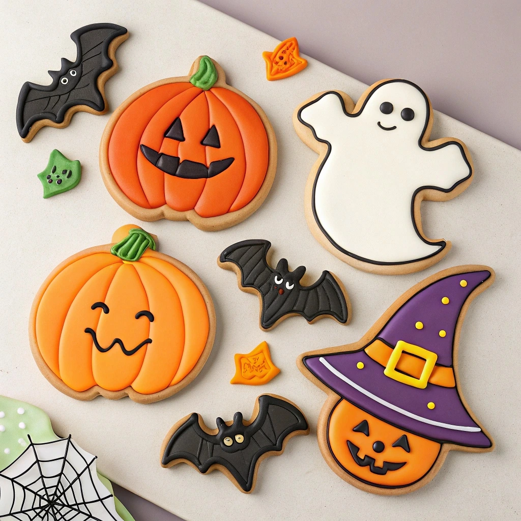 An assortment of popular Halloween cookie cutters, including shapes like a pumpkin, ghost, bat, witch hat, and spider, arranged with rolled dough and flour on a countertop.