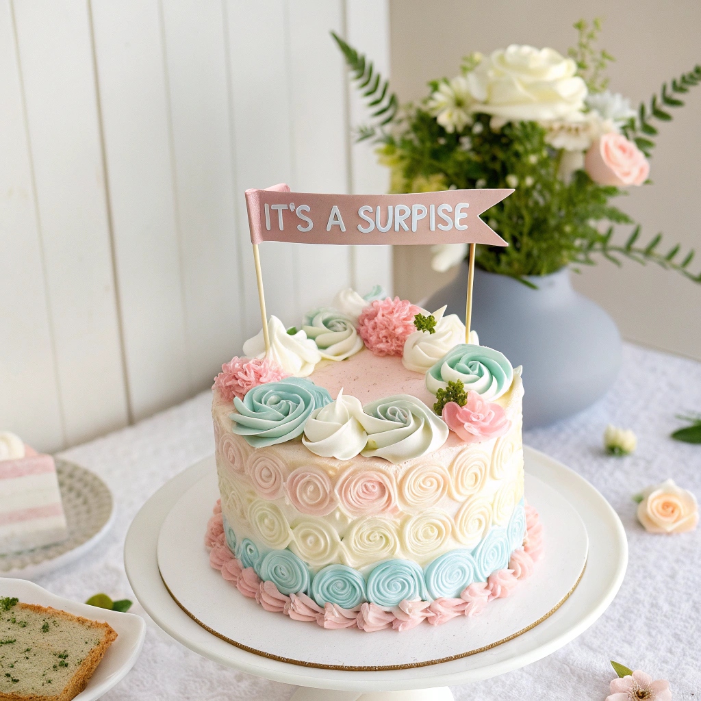 A gender reveal cake with a pastel theme, featuring pink and blue decorations, topped with a question mark and surrounded by matching party decor.