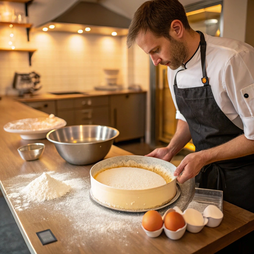 A baker pouring smooth cake batter into a round cake pan, surrounded by mixing tools, a whisk, and a preheated oven in the background.