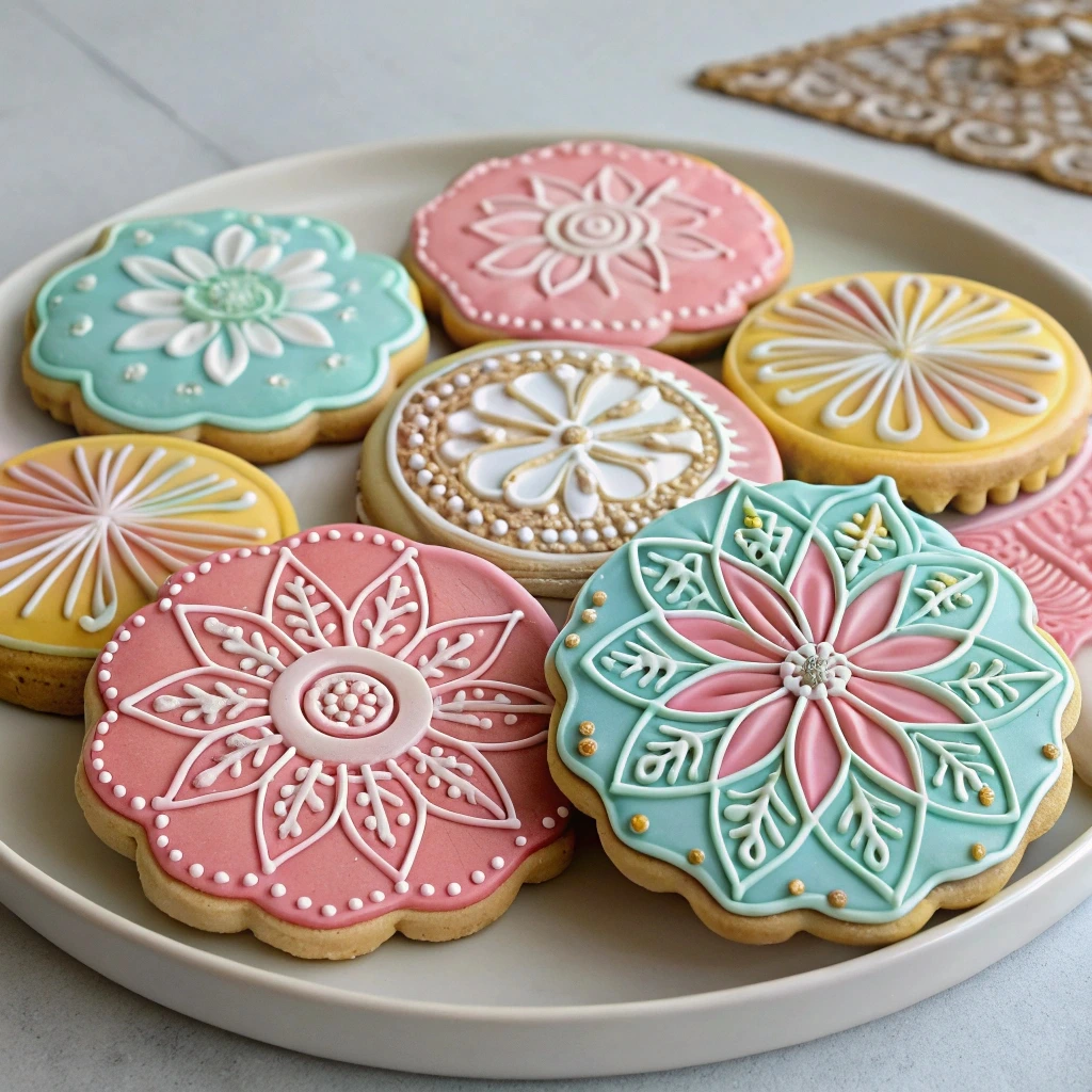  A variety of pressed cookies, perfectly shaped with a cookie press, showcasing intricate designs and vibrant colors.