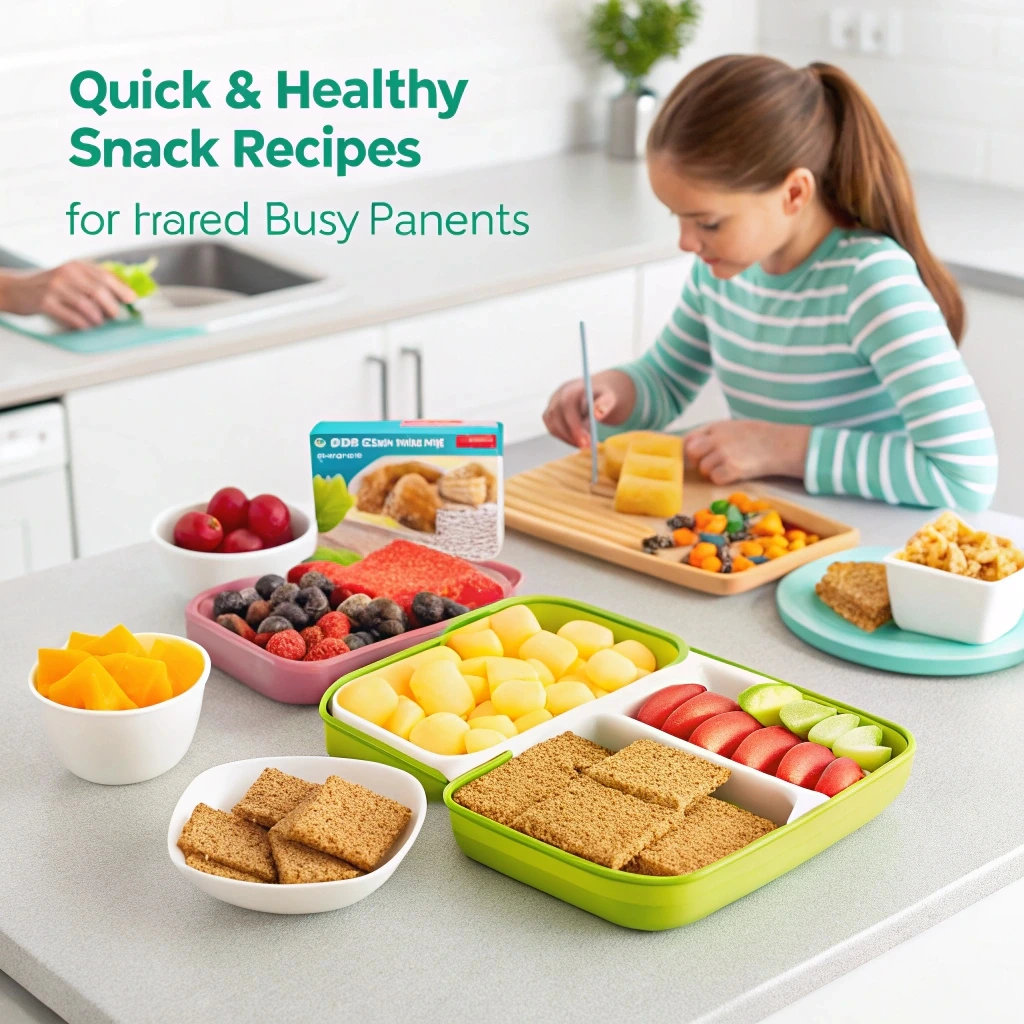 Quick and healthy snacks for busy parents, including veggie wraps, fruit kebabs, and DIY trail mix for on-the-go nutrition.