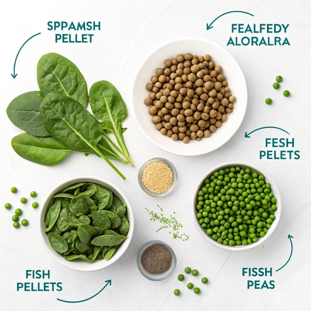 An informative visual highlighting essential ingredients for making healthy fish food. The image features fresh vegetables, protein sources like shrimp and fish, and nutritional supplements such as spirulina and vitamins, illustrating how to create a balanced diet for different fish species to promote their health and vitality.