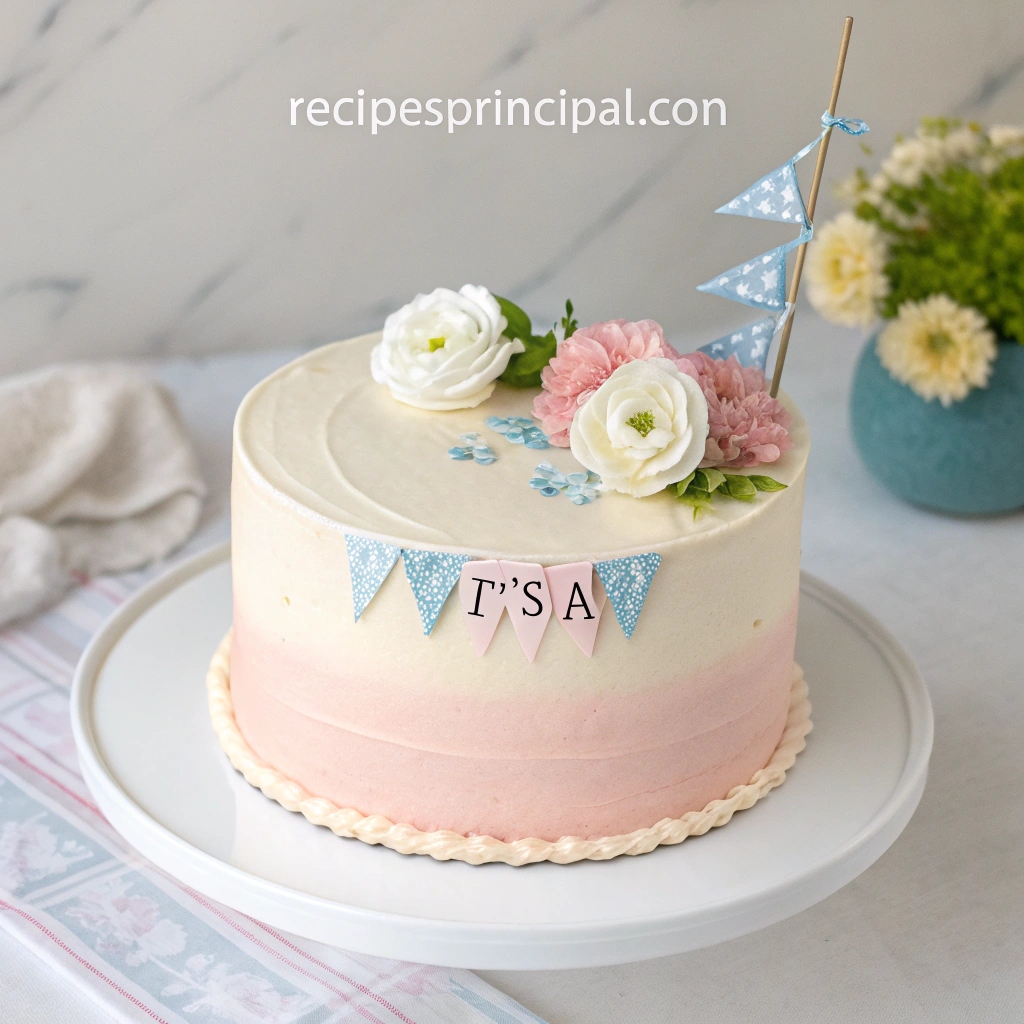 A simple and elegant gender reveal cake with pastel frosting, delicate decorations, and a subtle design for a classy celebration.