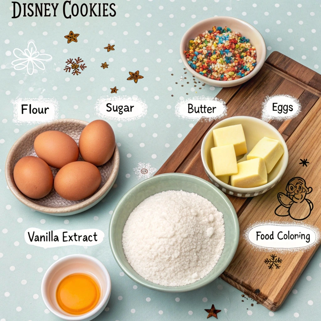 A baking process photo showing a mixing bowl with creamed butter and sugar, a tray lined with parchment paper holding shaped cookie dough balls, and a cooling rack with freshly baked Disney chocolate chip cookies.