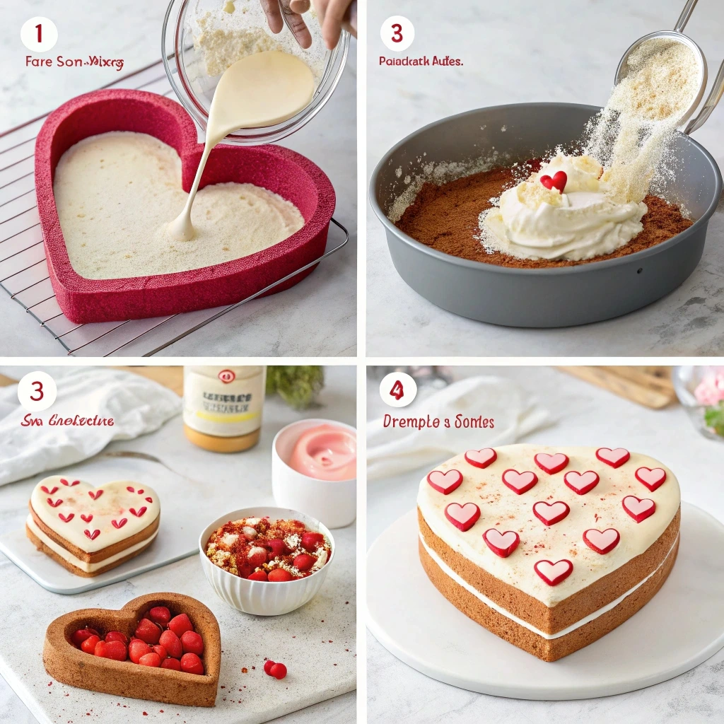 Step-by-step process of making a heart-shaped cake: baking, shaping, frosting, and decorating.