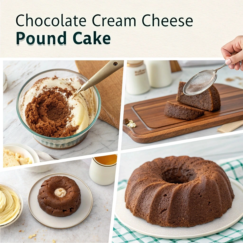 Step-by-step process of making a chocolate cream cheese pound cake, featuring ingredients, mixing, and baking.