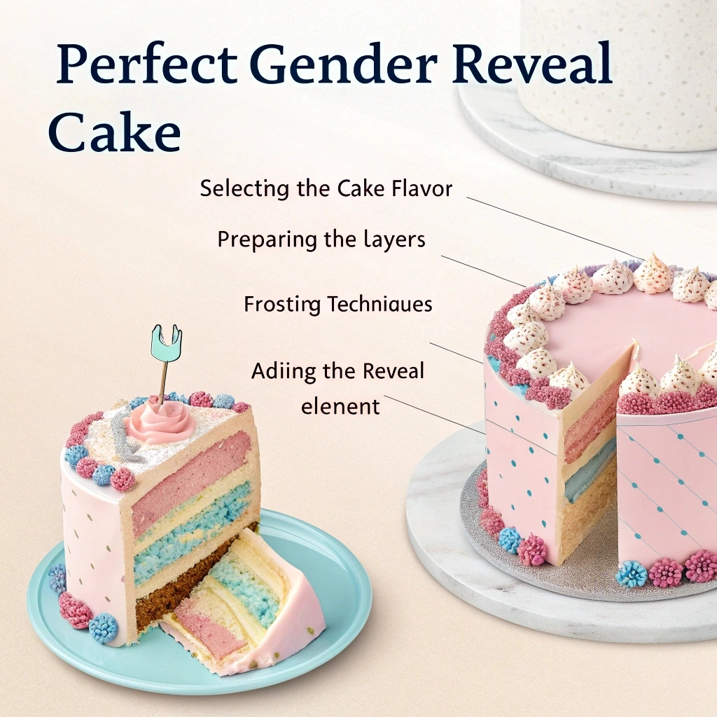 Step-by-step guide showing the process of baking and decorating a gender reveal cake, from preparing the batter to adding the colorful surprise inside.