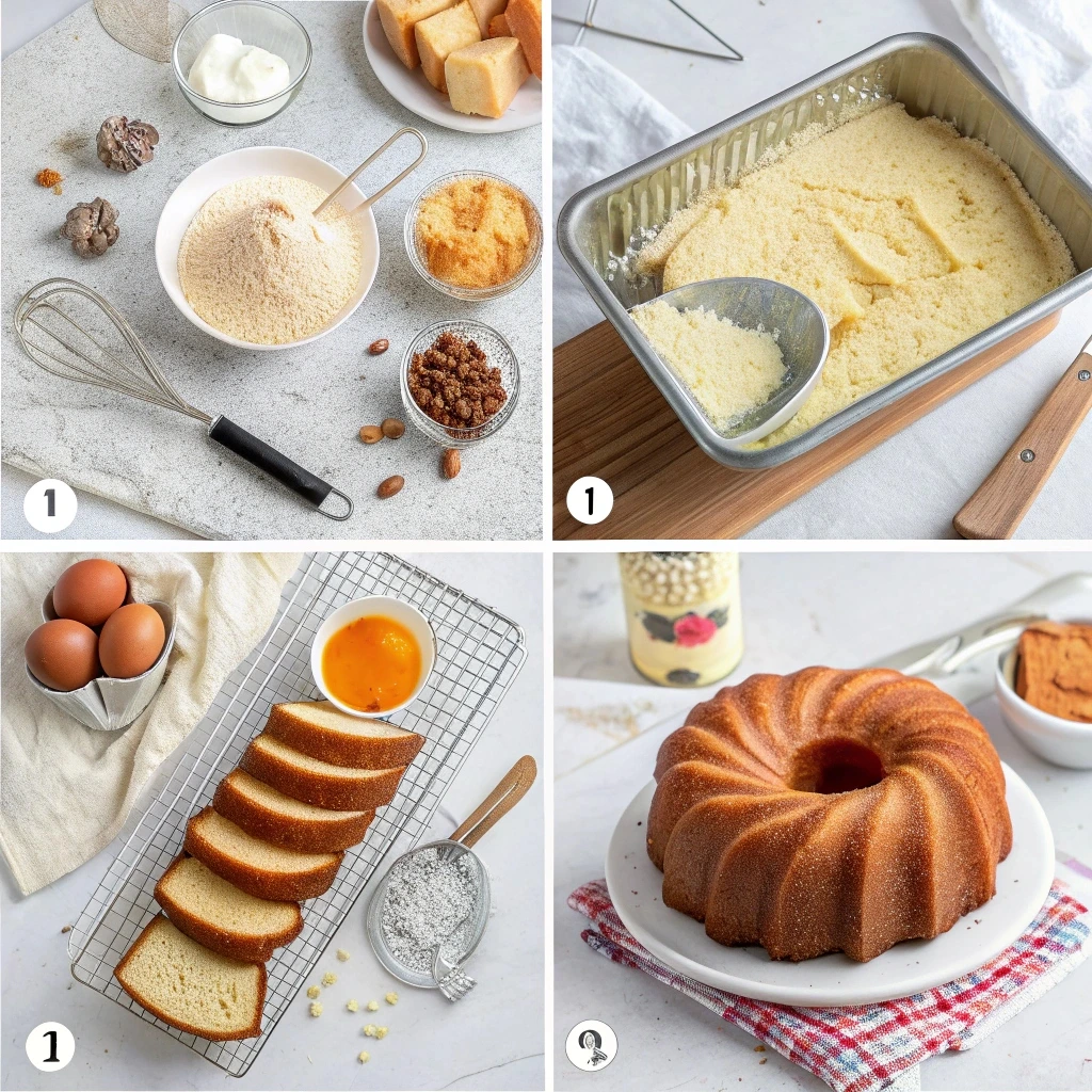 Step-by-step process of making the perfect pound cake, from mixing ingredients to the finished, baked cake.