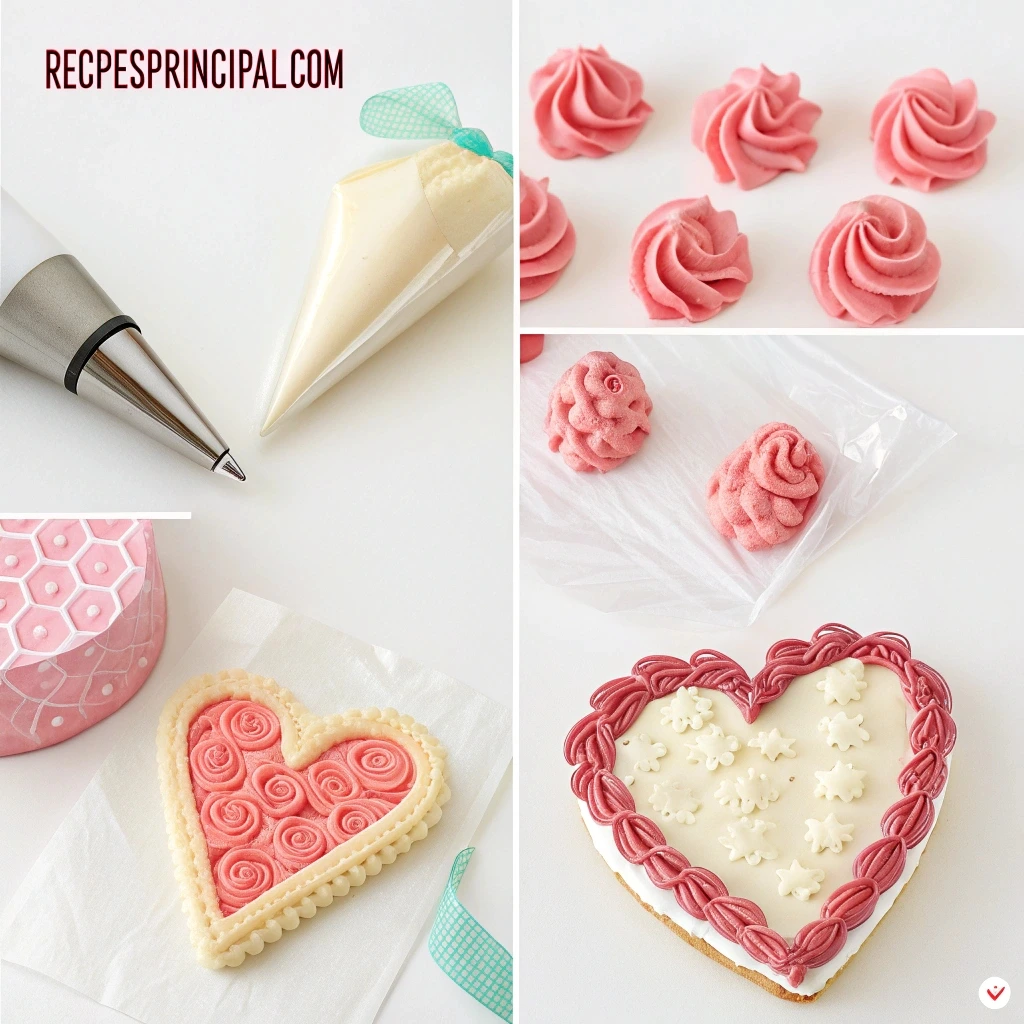 Step-by-step guide showing the process of piping a buttercream heart with piping bag and nozzle.