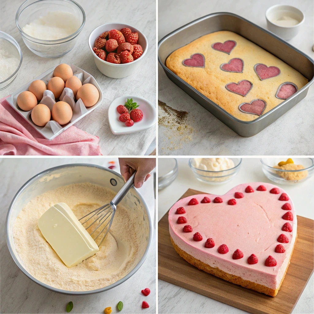 : A step-by-step collage showing the process of making a heart-shaped cake: mixing batter, baking in a heart-shaped pan, and decorating with frosting.