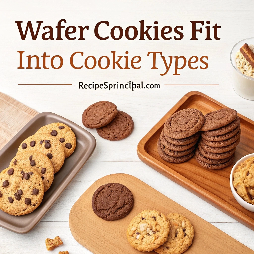 A selection of six basic cookies, with wafer cookies prominently featured among other cookie types, highlighting their light and crispy texture.