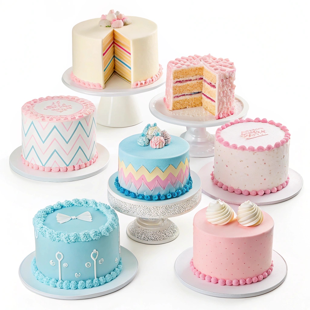 A variety of gender reveal cakes featuring creative designs, including pastel layers, hidden fillings, and decorative toppers for an exciting announcement.