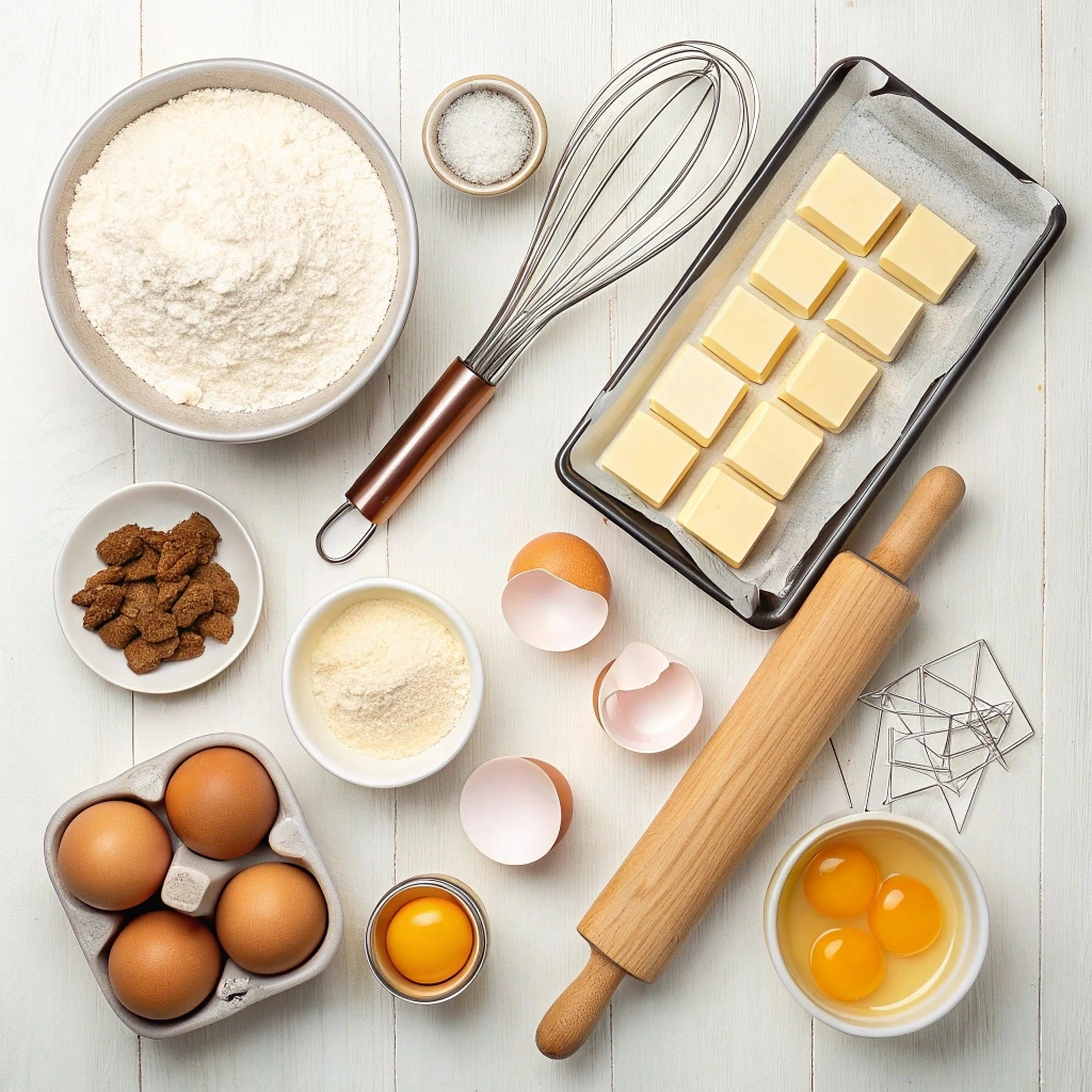  A well-organized kitchen workspace with essential ingredients and tools for making wafer cookies.