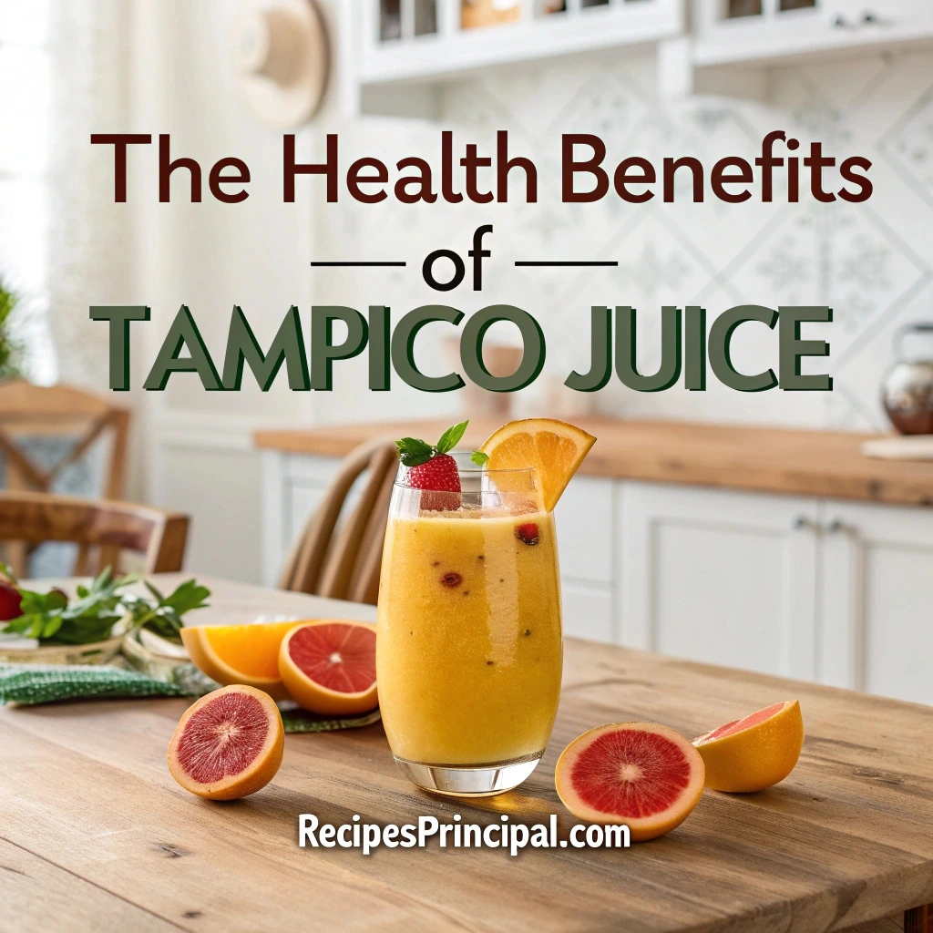 A glass of Tampico juice surrounded by citrus fruits, a vitamin C tablet, and a measuring tape on a bright kitchen counter.