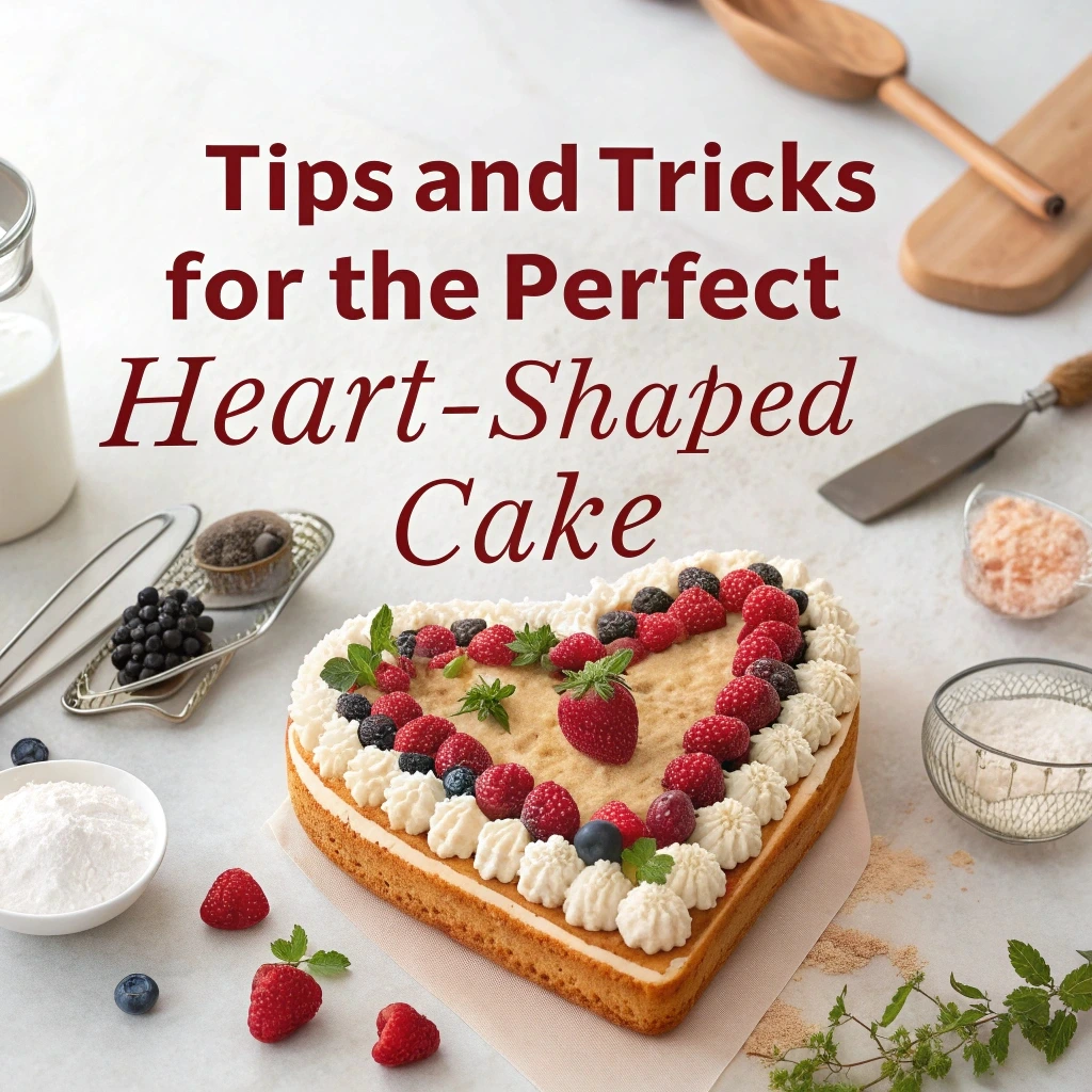 Partially frosted heart-shaped cake with tools, decorations, and sticky notes featuring baking tips.