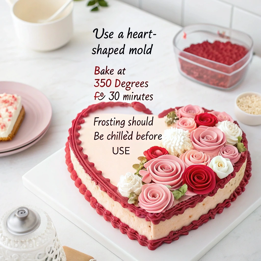 A beautifully frosted heart-shaped cake with chocolate curls and berries, accompanied by baking tools and tips written on a notepad.