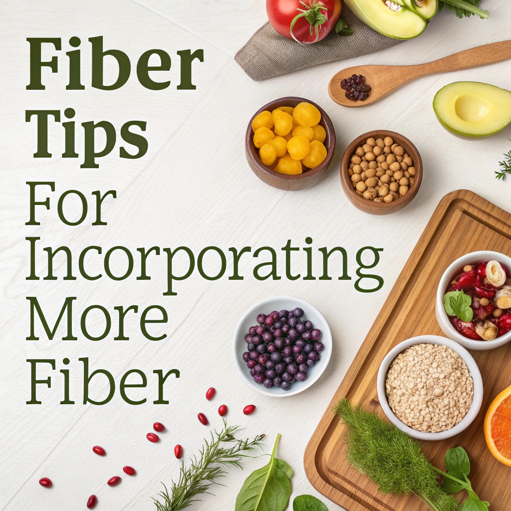 A variety of fiber-rich foods, including fruits, vegetables, whole grains, and legumes, with tips on adding them to daily meals.