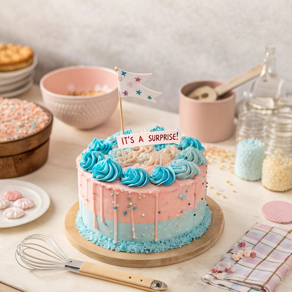 A homemade gender reveal cake with a surprise center, decorated with pastel icing and creative DIY details.