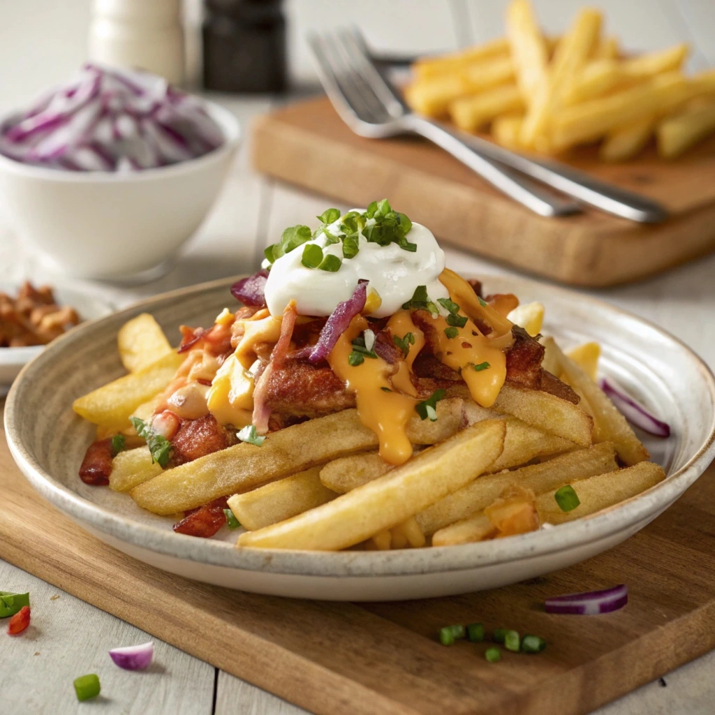 A close-up of golden, crispy loaded fries topped with melted cheese, sour cream, bacon bits, and fresh green onions.