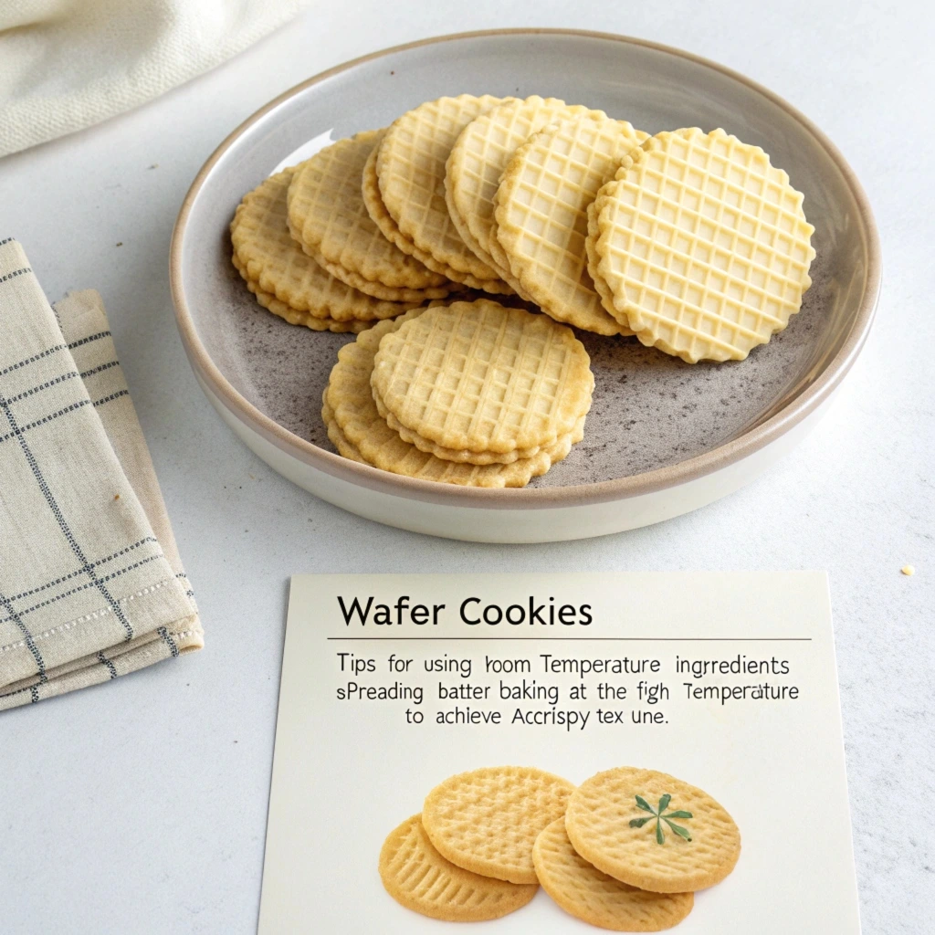 Freshly baked wafer cookies cooling on a wire rack, highlighting their thin, golden, and crispy texture.