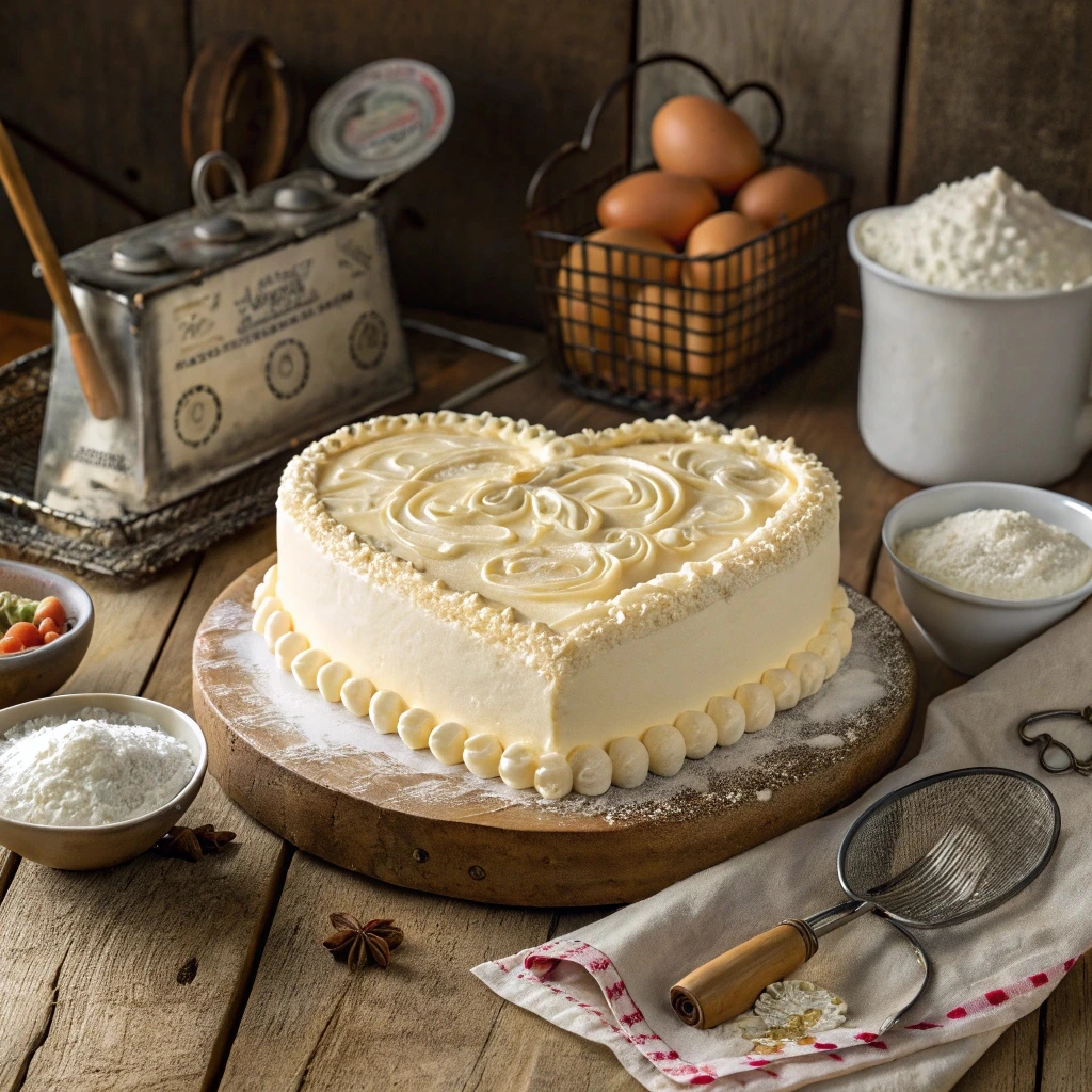  A perfectly finished vintage heart cake with smooth icing, intricate decorations, and a flawless heart shape