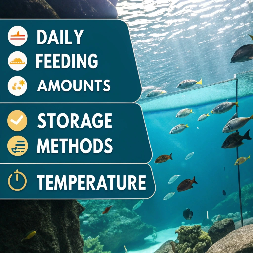 A person feeding colorful tropical fish in an aquarium with neatly organized fish food containers nearby.