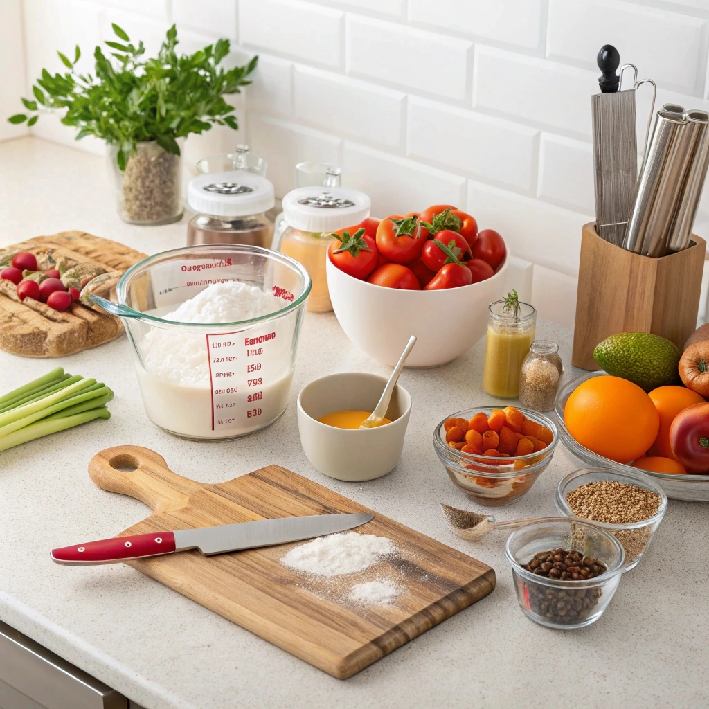 Square and round pans with baking tools and ingredients like flour, eggs, and sprinkles for making a heart-shaped cake.