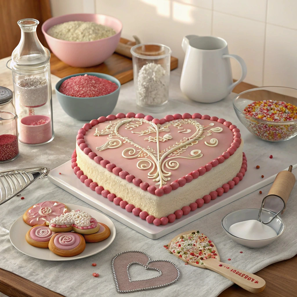  Essential tools for crafting a vintage heart cake, including piping bags, fondant molds, and traditional heart-shaped pans.