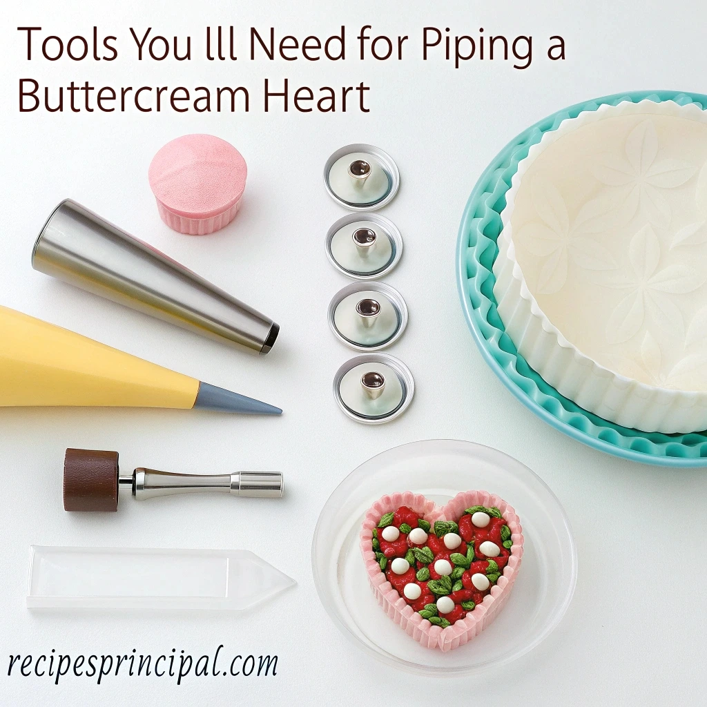 Essential tools for piping a buttercream heart, including piping bags, nozzles, and buttercream frosting.