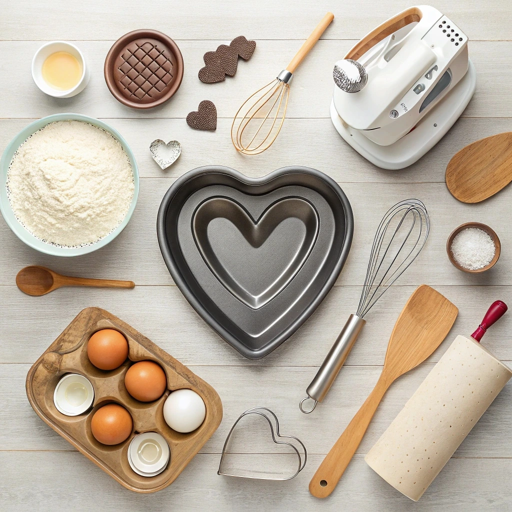 An assortment of cake ingredients, including flour, sugar, eggs, butter, and milk, laid out on a countertop with a heart-shaped cake pan.