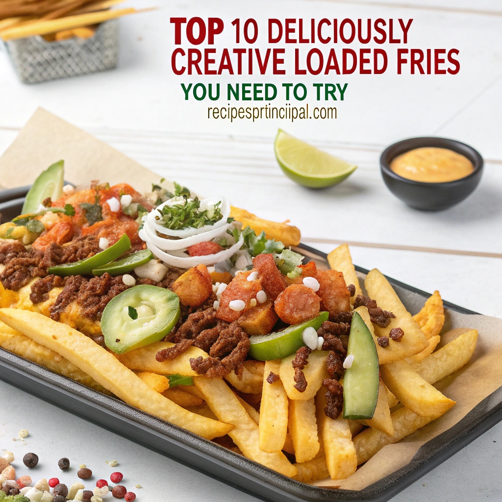 Loaded fries topped with cheese, bacon, and fresh toppings.