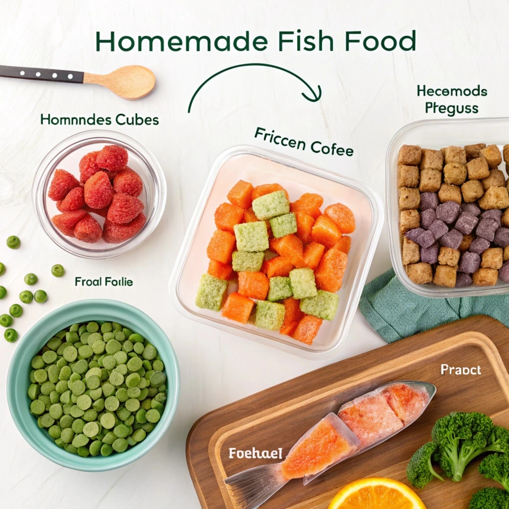 Different types of homemade fish food, including live food, vegetable-based food, and high-protein options for various fish species.