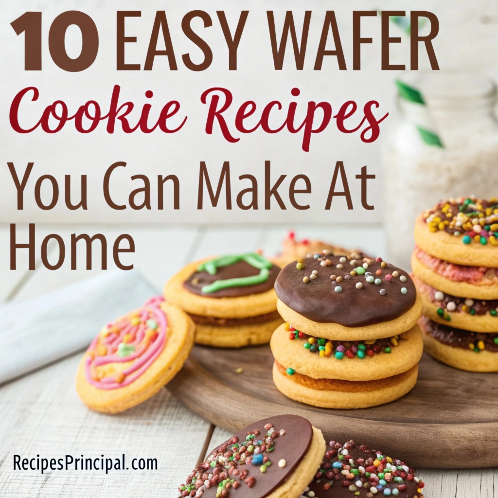 A variety of wafer cookies on a wooden platter, featuring chocolate-dipped, cream-filled, and colorful layered wafers.