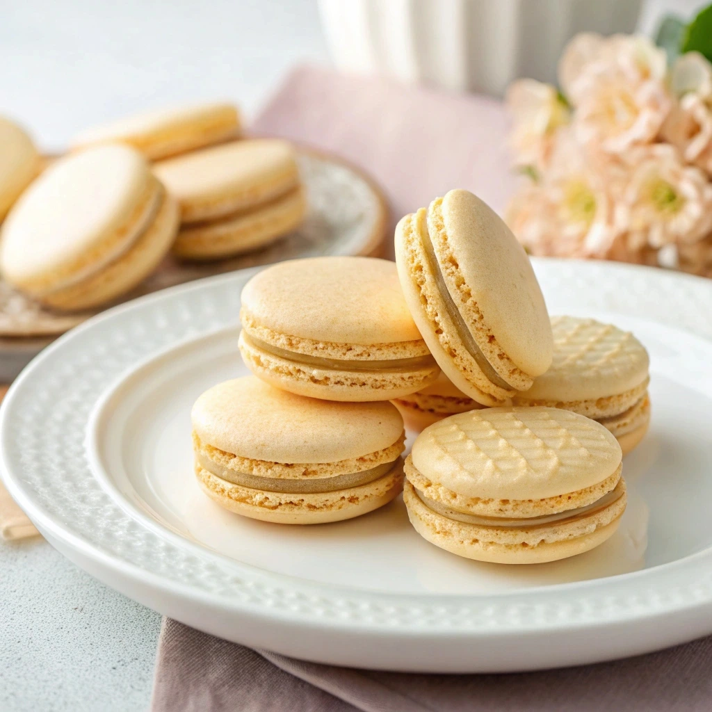 A delicate stack of wafer cookies, with a crispy, golden texture and a smooth layer of cream filling between each wafer.