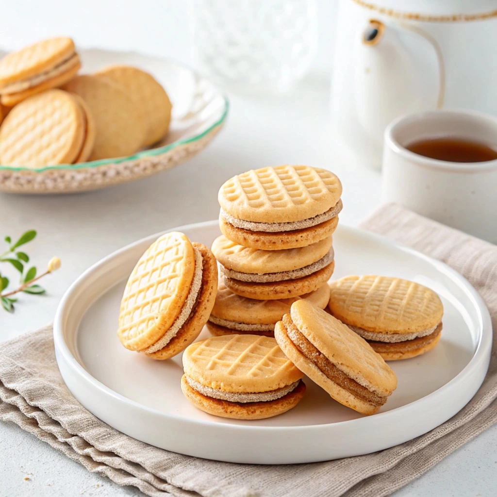 Close-up of thin, crispy wafer cookies stacked neatly, showcasing their light and delicate texture.