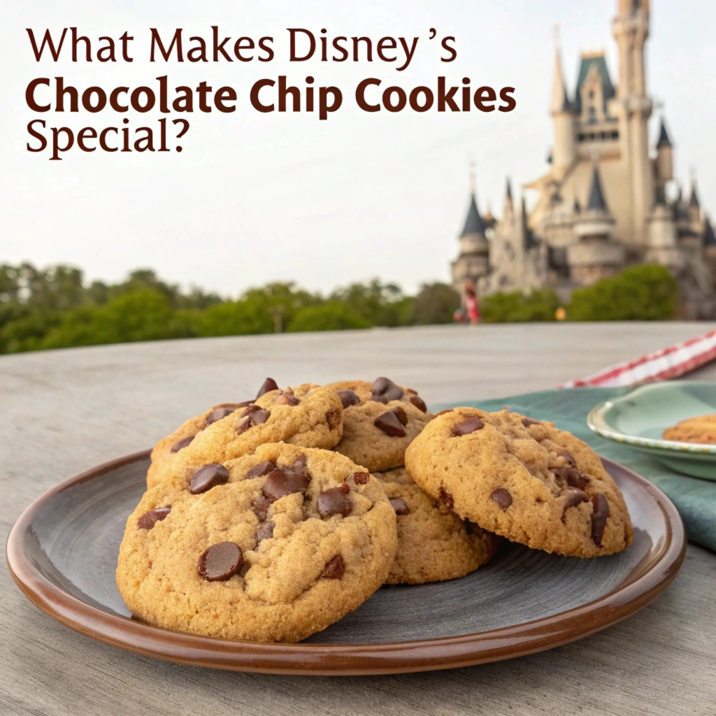 A stack of freshly baked Disney chocolate chip cookies on a rustic wooden table, with a glass of milk and a measuring scale showcasing metric measurements in the background.