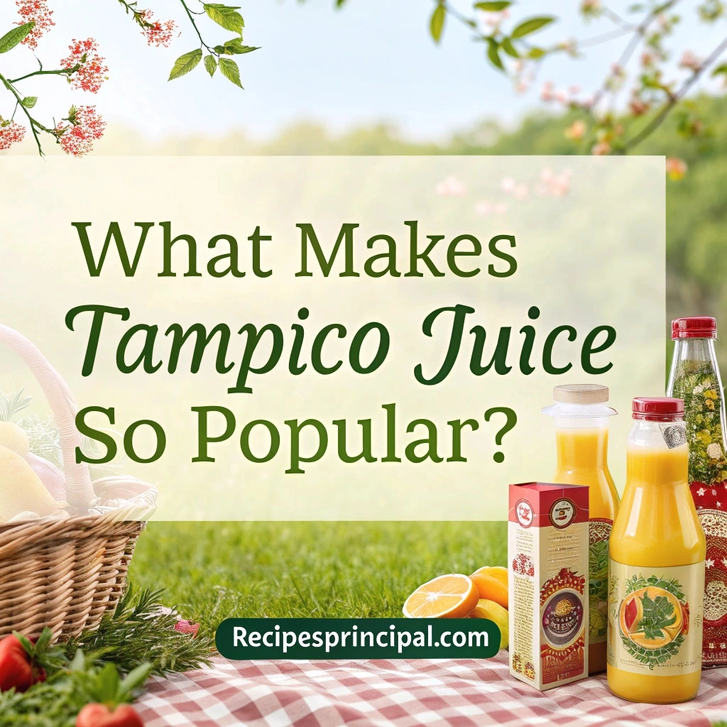 A vibrant display of Tampico juice bottles arranged with fresh tropical fruits, glasses of juice, and a sunny background to highlight its refreshing and flavorful appeal.