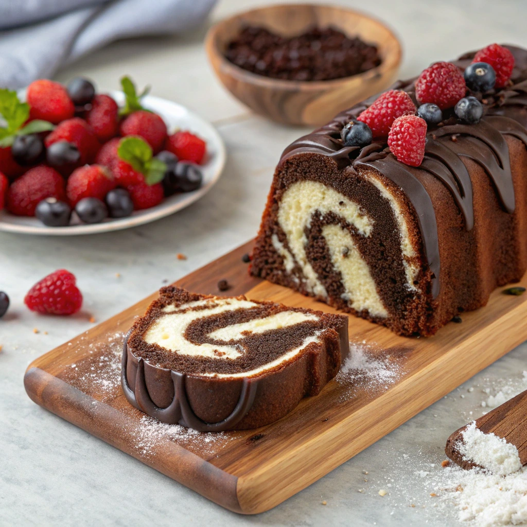 A slice of chocolate cream cheese pound cake showcasing its rich and moist texture