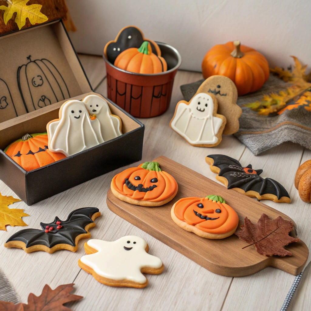 A variety of Halloween cookie cutters displayed with tags for online stores, local shops, budget finds, and custom designs.